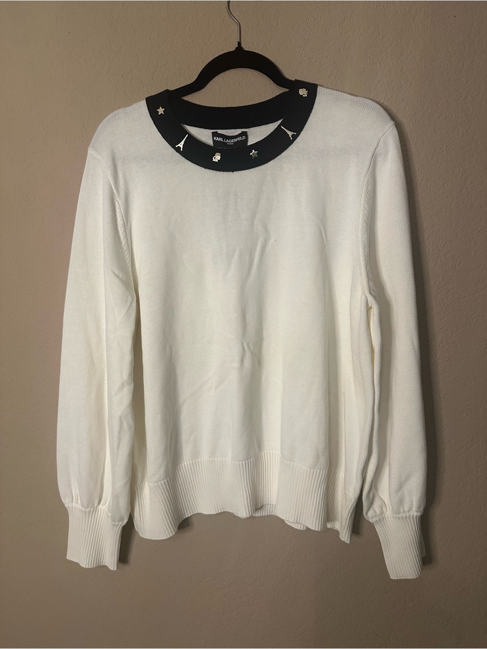 Karl Lagerfeld White Sweater with Black Embellished Collar